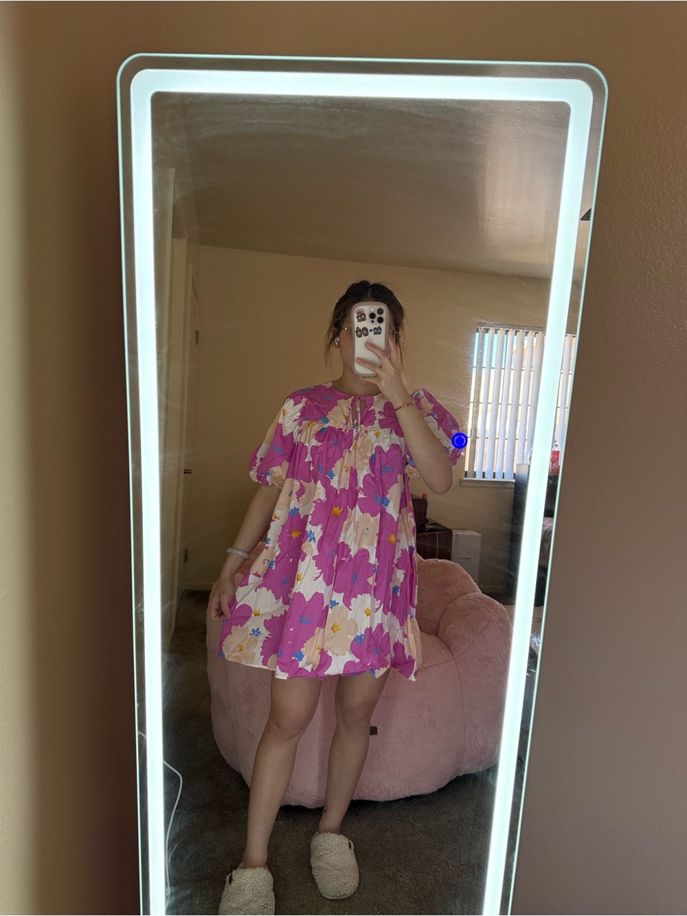 Pink Floral Puff-Sleeve Dress